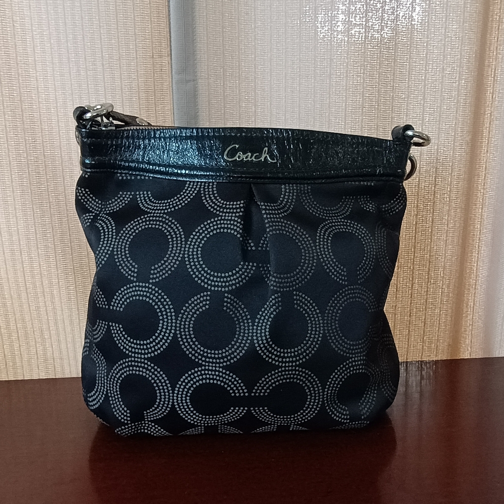 Coach Ashley Dotted Op Art Black Jacquard & Leather Shoulder Bag